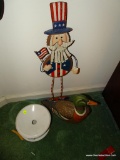 (DUCK) ASSORTED LOT: SPITTOON, METAL UNCLE SAM DECORATION, AND A CLOTH MALLARD