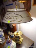 (DUCK) VINTAGE BRASS BASE LAMP WITH DOUBLE LIGHTS AND TOLE PAINTED SHADE: 22 IN TALL