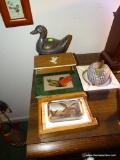 (DUCK) ASSORTED LOT: LIFT TOP DUCK CONTAINER, CERAMIC ASHTRAY CLOTH APPLE, DUCK THEMED METAL TIN,