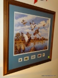 (DUCK) FRAMED AND DOUBLE MATTED DUCK PRINT BY DAVID MAASS WITH VINTAGE DUCK POSTAGE STAMPS IN