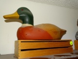 (DUCK) HAND CARVED DUCK DECOY IN RED AND GREEN: 14 IN LONG