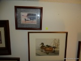 (DUCK) 2 PICTURE LOT: BOTH ARE PICTURES OF DUCKS SITTING ON THE WATER. 1 IS IN A MAHOGANY FRAME: 8