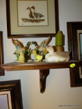 (DUCK) WOODEN WALL SHELF: 12 IN X 8 IN X 8 IN WITH CONTENTS OF ASSORTED PORCELAIN DUCK FIGURINES