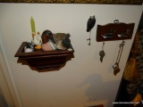 (DUCK) REMAINING CONTENTS OF WALL: WOODEN SHELF: 8 IN X 8 IN X 8 IN, DUCK THEMED KEY HOLDER, BLUE