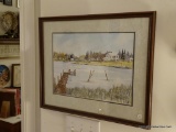 (BED1) FRAMED AND DOUBLE MATTED WATERCOLOR OF A POND SCENE BY HOMER KAUFFMAN (1985): 20 IN X 16.5 IN