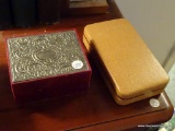 (BED1) LOT OF 2 JEWELRY BOXES: 1 RED WITH SILVER-PLATE TOP, AND 1 LEATHER