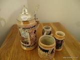 (BED1) LOT OF 4 BEER STEINS (3 ARE MINIATURE AND 1 HAS A PEWTER LID)