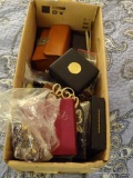 (BED1) BOX LOT OF ASSORTED COSTUME JEWELRY: MEN'S CUFFLINKS, TIE CLIPS, BROOCHES, LAPEL PINS, AND