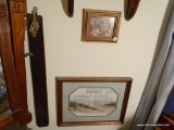 (BED1) CONTENTS OF CORNER WALLS: 2 VINTAGE LEATHER RAZOR STRAPS, FRAMED 