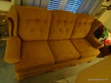 (BED1) VINTAGE 3 CUSHION SOFA WITH YELLOW-BROWN UPHOLSTERY. IN VERY GOOD CONDITION!: 83 IN X 35 IN X