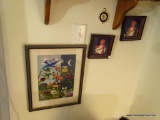 (BED1) ASSORTED WALL LOT: FRAMED CROSS-STITCHING OF A GARDEN, HAND SEWN CHURCH SCENE, 3 FRAMED