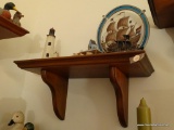 (BED1) WOODEN WALL SHELF: 18 IN X 8 IN X 8 IN WITH CONTENTS: WOODEN LIGHTHOUSE, STAINED GLASS OVAL