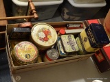 (BED1) TRAY LOT OF VINTAGE ADVERTISING TINS: NATAHANS REMEDY, EX-LAX, ANTISEPTIC SALVE, ETC.