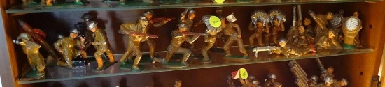 (TOY) SHELF LOT OF 22 PAINTED ANTIQUE WWI SOLDIERS MOST 3"H- 1 LAUNCHING A MISSILE, 1 KNEELING WITH