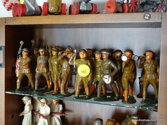 (TOY) SHELF LOT OF 17 ANTIQUE PAINTED METAL WWI SOLDIERS 3"H- 1 OFFICER, 2 FLAG BEARERS, 4 MARCHING,