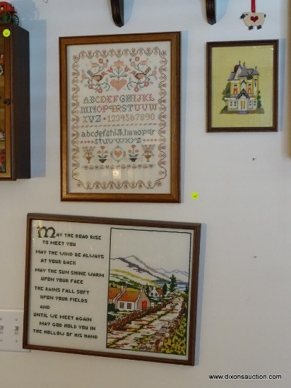 (TOY) 3 FRAMED CROSS STICH ITEMS- SAMPLER IN CHERRY FRAME- 12"W X 17"H, VILLAGE SCENE WITH POEM IN