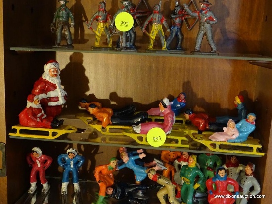 (TOY) 2 SHELVES OF 23 ANTIQUE METAL PAINTED WINTER FUN FIGURES-2.5"H- 1 SANTA, 8 ON SLEDS, 3 SKIERS,