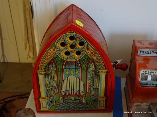 (TOY) ANTIQUE J. CHEIN CO. TIN WIND UP MUSICAL CATHEDRAL SHAPED TOY-MINT CONDITION-7"W X 5"L X 9"H