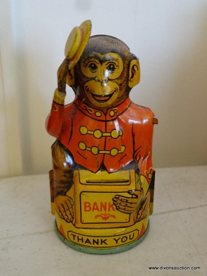 (TOY) ANTIQUE J. CHEIN CO. TIN MONKEY BANK WITH MOVEABLE ARMS-( MINOR SCRATCHES- VERY GOOD