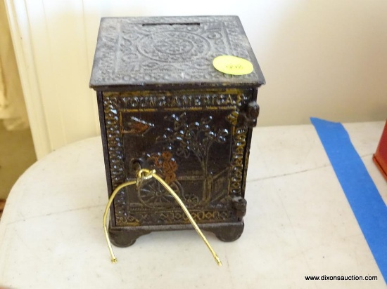 (TOY) ANTIQUE CAST IRON SAFE BANK EMBOSSED ORIENTAL SCENES- EXCELLENT CONDITION- 3"W X 3"L X 4.5"H