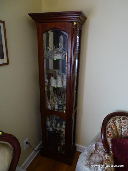 CHERRY CURIO CABINET- 2 BEVELED GLASS DOORS- GLASS SIDELIGHTS- REEDED COLUMNS-MIRRORED BACK WITH