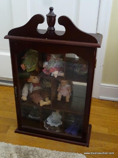 ONE OF THREE CHERRY HANGING CURIOS WITH CONTENTS- BROKEN ARCH PEDIMENT TOP- GLASS DOOR- CONTENTS