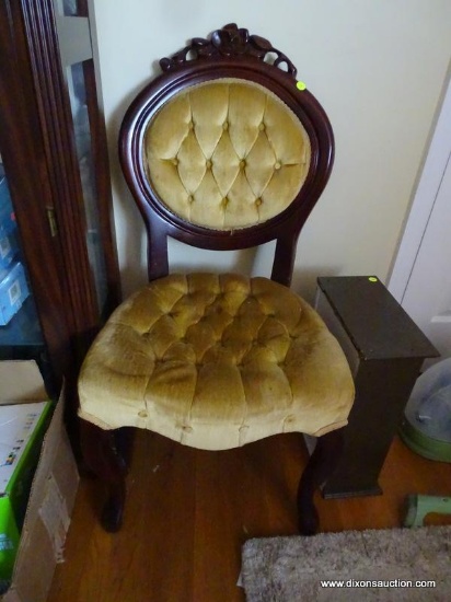 (LR) ONE OF A PAIR OF VICTORIAN STYLE SIDE CHAIRS- ROSE CARVING- GOLD BUTTON TUFTED VELVET