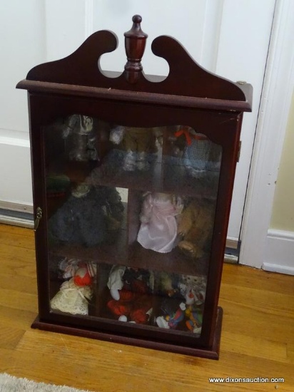 ONE OF THREE CHERRY HANGING CURIOS WITH CONTENTS- BROKEN ARCH PEDIMENT TOP- GLASS DOOR- CONTENTS