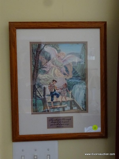 FRAMED AND DOUBLE MATTED ANGEL PRINT IN OAK FRAME- 13.5"W X 16"H