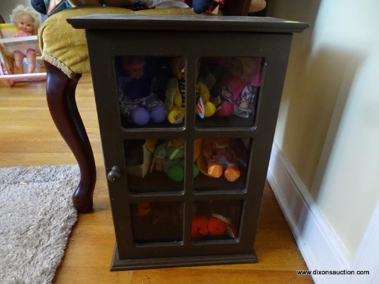 BROWN PAINTED HANGING CURIO WITH CONTENTS- ONE HINGE NEEDS REPAIR- 12"W X 6"L X 18"H CONTENTS