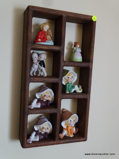 PINE SHADOWBOX WITH PORCELAIN FIGURINES- 10"W X 3"L X 19"H TOTAL OF 7 FIGURINES