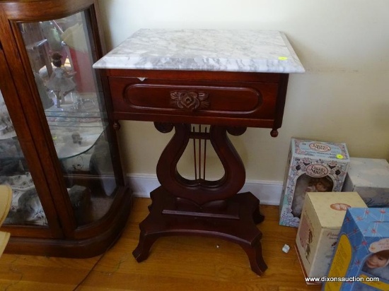 (LR) ONE OF A PAIR OF MAHOGANY VICTORIAN STYLE MARBLE TOP TABLES- LYRE BASE ROSE CARVED PULLS- 1