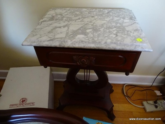 (LR) ONE OF A PAIR OF MAHOGANY VICTORIAN STYLE MARBLE TOP TABLES- LYRE BASE ROSE CARVED PULLS- 1