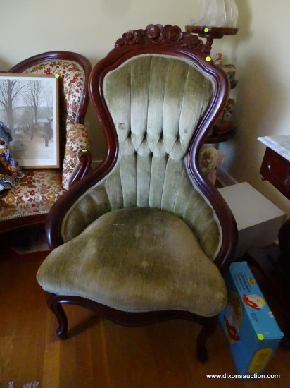 (LR) MAHOGANY VICTORIAN STYLE ROSE CARVED LADIES CHAIR- GREEN BUTTON TUFTED VELVET UPHOLSTERY IN
