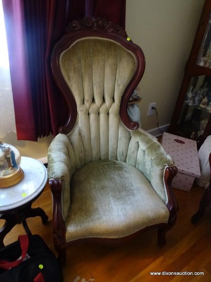 (LR) MAHOGANY VICTORIAN STYLE ROSE CARVED GENTLEMAN'S CHAIR- GREEN BUTTON TUFTED VELVET UPHOLSTERY