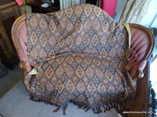 VINTAGE BEADED SILK-LINED THROW; BEADED DIAMOND PATTERN IN SHADES OF REDS, GOLDS, AND COPPER WITH A