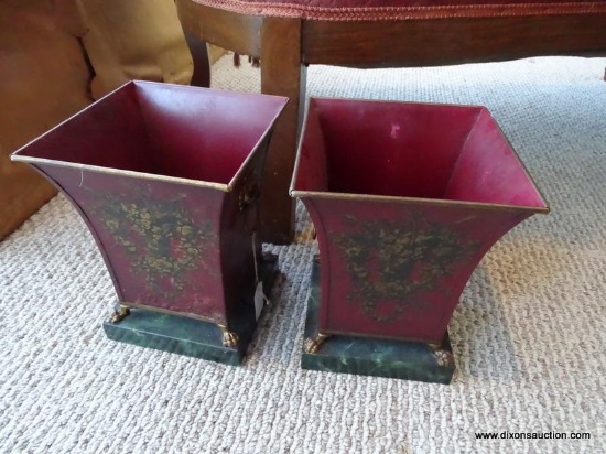 PAIR OF RED METAL CACHE POTS; SQUARE SHAPED WITH FLUTED TOPS, ROUND DOOR KNOCKER HANDLES ON EACH