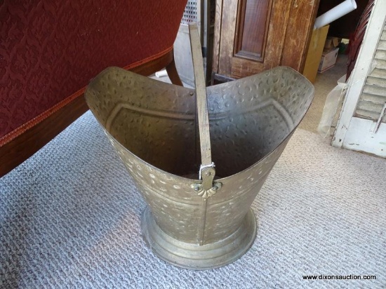 VINTAGE COAL BUCKET; HAMMERED FINISH WITH FLARED TOP, ROUND BASE, AND HANDLE. RETAILS FOR $45, WOULD