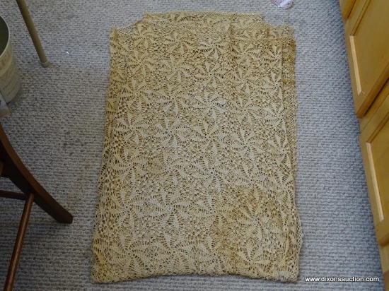 ANTIQUE HAND-CROCHETED TABLECLOTH/COVERLET; GOLDEN TAN IN COLOR AND A LOVELY CLOVERLEAF PATTERN.