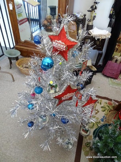 VINTAGE SILVER TREE; EARLY 1960'S SILVER COLORED ALUMINUM CHRISTMAS TREE ALUMINUM POLE ON TRIPOD