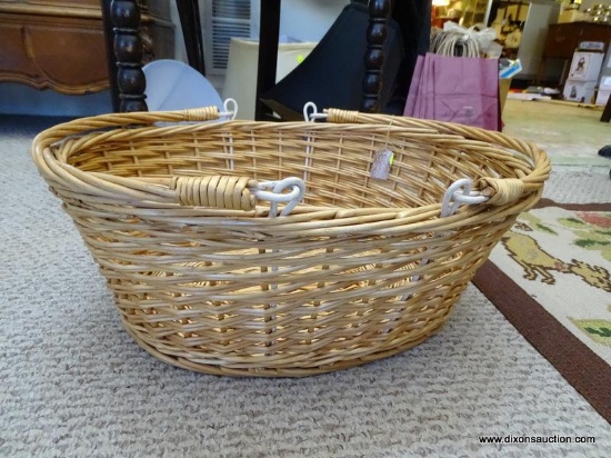 DOUBLE HANDLED OVAL SHAPED BASKET; NATURAL COLORED, GREAT CONDITION, MEASURES 18 IN X 15 IN X 7 IN