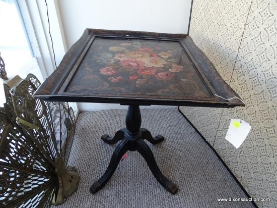 TOLE PAINTED FLIP-TOP TRAY TABLE; BLACK WITH GOLD PAINTED FLORAL AND PINEAPPLE HOSPITALITY PATTERN