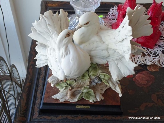 SIGNED CAPODIMONTE BIRDS; ITALIAN PORCELAIN STATUE, MOUNTED ON WOODEN PLAQUE. SIGNED BY ARTIST NEAR