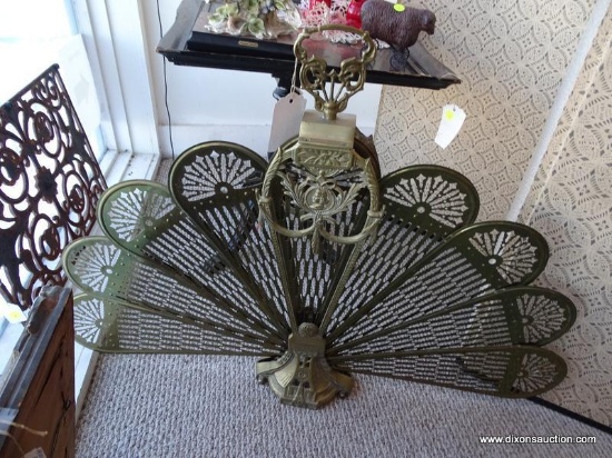 ANTIQUE PEACOCK SHAPED BRASS FIREPLACE FAN SCREEN; RETAILS FOR $150, FOLDS UP OR FULLY EXTENDS WITH
