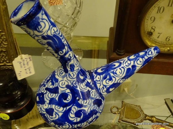 VINTAGE SPANISH CERAMIC WINE POURER; WHITE AND COBALT BLUE, RETAILS FOR $59.