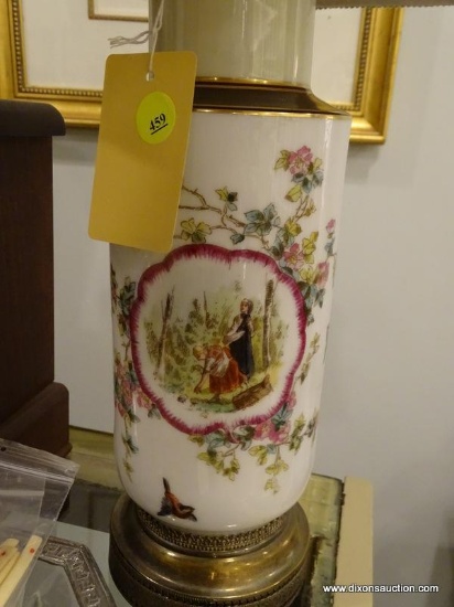 VINTAGE PORTRAIT STYLE LAMP; WITH BEIGE PATTERNED SLENDER LAMPSHADE. TOTAL HEIGHT IS 24 IN AND