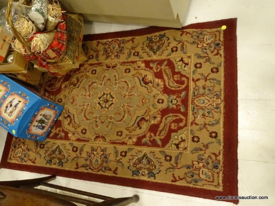 SMALL MAROON FLORAL AREA RUG; MEASURES ABOUT 2.5 FT X 4 FT. TAN AND SAGE GREEN BORDER AND CENTRAL