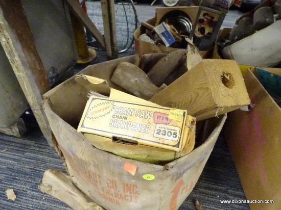 BOX LOT OF ASSORTED ITEMS; THIS IS A BOX CONTAINING VARIOUS ITEMS SUCH AS A CHAINSAW SHARPENER,