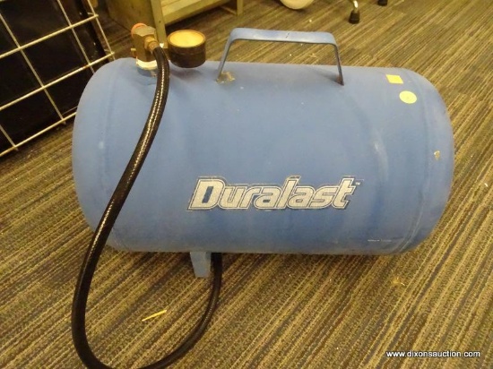DURALAST AIR TANK; BLUE METAL AIR TANK MADE BY DURALAST. HAS AIR PRESSURE GAUGE AND TIRE ADAPTER ON