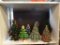 SHELF LOT; CONTAINS 8 ASSORTED CHRISTMAS TREE THEMED DECORATIONS. 1 IS A MUSICAL LITE-UP TREE WITH